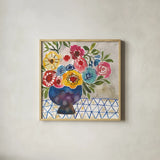 Geo Blooms by Cheryl Warrick. Shown in a natural wood glass frame for a timeless modern aesthetic. Available as an archival giclee rolled canvas, fine art paper, or poster print. SKU 103250a.