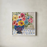 Geo Blooms by Cheryl Warrick. Shown in a crisp white glass frame for a clean and minimalist style. Available as an archival giclee rolled canvas, fine art paper, or poster print. SKU 103250a.