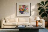 Geo Blooms by Cheryl Warrick. Displayed in a glass frame with matte in a clean modern living room. Available as an archival giclee rolled canvas, fine art paper, or poster print. SKU 103250a.