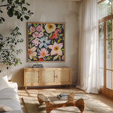Gratitude Garden I by Cheryl Warrick. Shown in a natural wood frame in a cozy modern living room. Available as an archival giclee rolled canvas, fine art paper, or poster print. SKU 103545a.