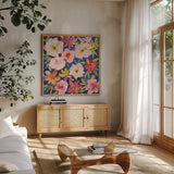 Gratitude Garden II by Cheryl Warrick. Shown in a natural wood frame in a cozy modern living room. Available as an archival giclee rolled canvas, fine art paper, or poster print. SKU 103546a.