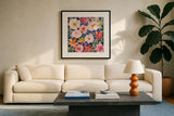 Gratitude Garden II by Cheryl Warrick. Displayed in a glass frame with matte in a clean modern living room. Available as an archival giclee rolled canvas, fine art paper, or poster print. SKU 103546a.