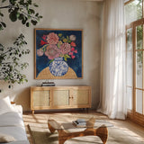 Happy Anniversary by Cheryl Warrick. Shown in a natural wood frame in a cozy modern living room. Available as an archival giclee rolled canvas, fine art paper, or poster print. SKU 103251a.