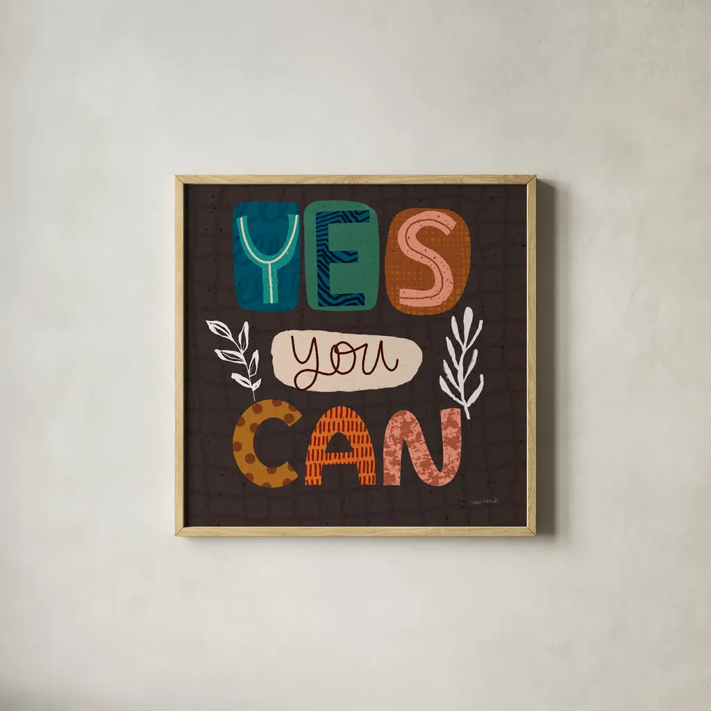 Happy Inspiration I by Cheryl Warrick. Shown in a natural wood glass frame for a timeless modern aesthetic. Available as an archival giclee rolled canvas, fine art paper, or poster print. SKU 90937a.