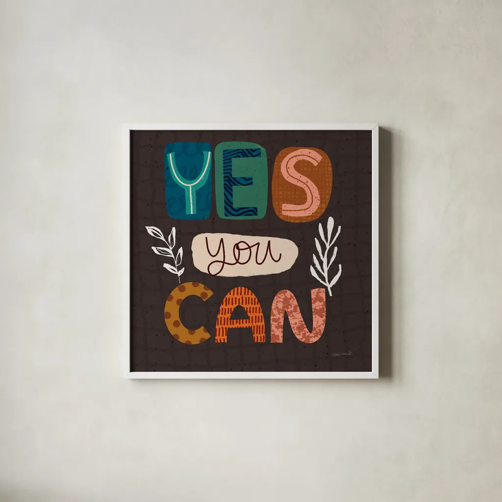 Happy Inspiration I by Cheryl Warrick. Shown in a crisp white glass frame for a clean and minimalist style. Available as an archival giclee rolled canvas, fine art paper, or poster print. SKU 90937a.