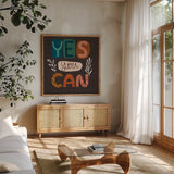 Happy Inspiration I by Cheryl Warrick. Shown in a natural wood frame in a cozy modern living room. Available as an archival giclee rolled canvas, fine art paper, or poster print. SKU 90937a.