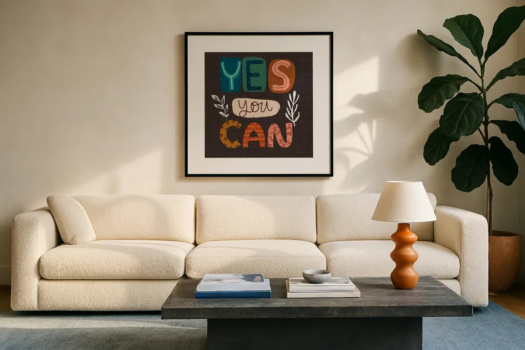 Happy Inspiration I by Cheryl Warrick. Displayed in a glass frame with matte in a clean modern living room. Available as an archival giclee rolled canvas, fine art paper, or poster print. SKU 90937a.
