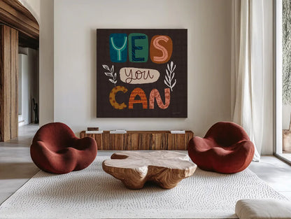 Happy Inspiration I by Cheryl Warrick. Shown as extra-large giant wall art in a modern living room. Available as an archival giclee rolled canvas, fine art paper, or poster print. SKU 90937a.