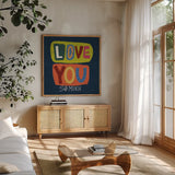 Happy Inspiration II by Cheryl Warrick. Shown in a natural wood frame in a cozy modern living room. Available as an archival giclee rolled canvas, fine art paper, or poster print. SKU 90938a.
