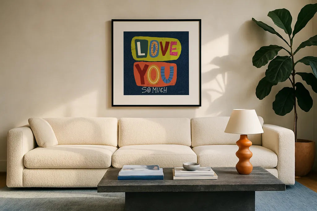 Happy Inspiration II by Cheryl Warrick. Displayed in a glass frame with matte in a clean modern living room. Available as an archival giclee rolled canvas, fine art paper, or poster print. SKU 90938a.