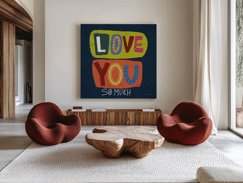 Happy Inspiration II by Cheryl Warrick. Shown as extra-large giant wall art in a modern living room. Available as an archival giclee rolled canvas, fine art paper, or poster print. SKU 90938a.