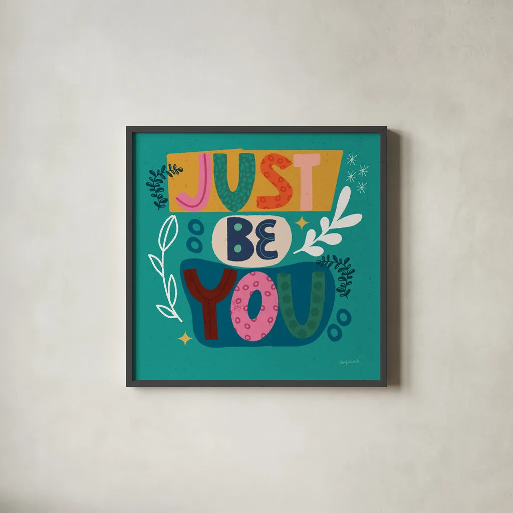 Happy Inspiration III by Cheryl Warrick. Shown in a sleek black glass frame for a contemporary gallery look. Available as an archival giclee rolled canvas, fine art paper, or poster print. SKU 90939a.