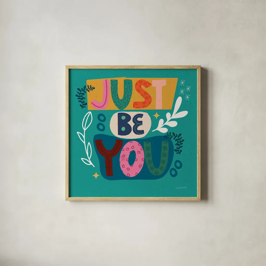 Happy Inspiration III by Cheryl Warrick. Shown in a natural wood glass frame for a timeless modern aesthetic. Available as an archival giclee rolled canvas, fine art paper, or poster print. SKU 90939a.