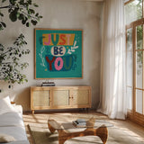 Happy Inspiration III by Cheryl Warrick. Shown in a natural wood frame in a cozy modern living room. Available as an archival giclee rolled canvas, fine art paper, or poster print. SKU 90939a.