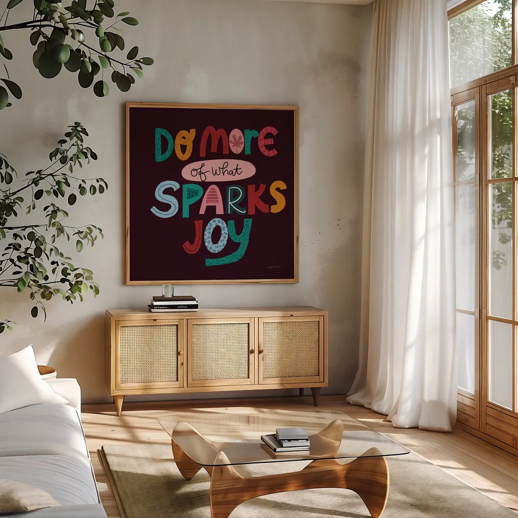 Happy Inspiration IV by Cheryl Warrick. Shown in a natural wood frame in a cozy modern living room. Available as an archival giclee rolled canvas, fine art paper, or poster print. SKU 90940a.