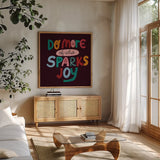 Happy Inspiration IV by Cheryl Warrick. Shown in a natural wood frame in a cozy modern living room. Available as an archival giclee rolled canvas, fine art paper, or poster print. SKU 90940a.