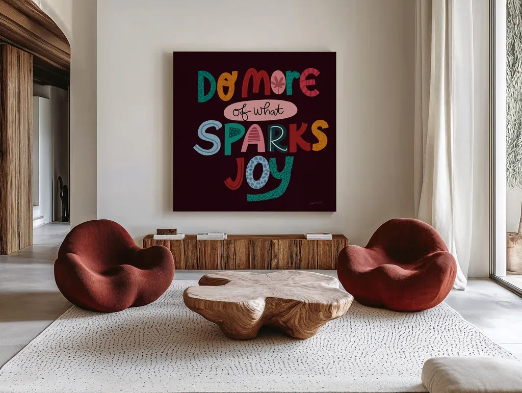 Happy Inspiration IV by Cheryl Warrick. Shown as extra-large giant wall art in a modern living room. Available as an archival giclee rolled canvas, fine art paper, or poster print. SKU 90940a.