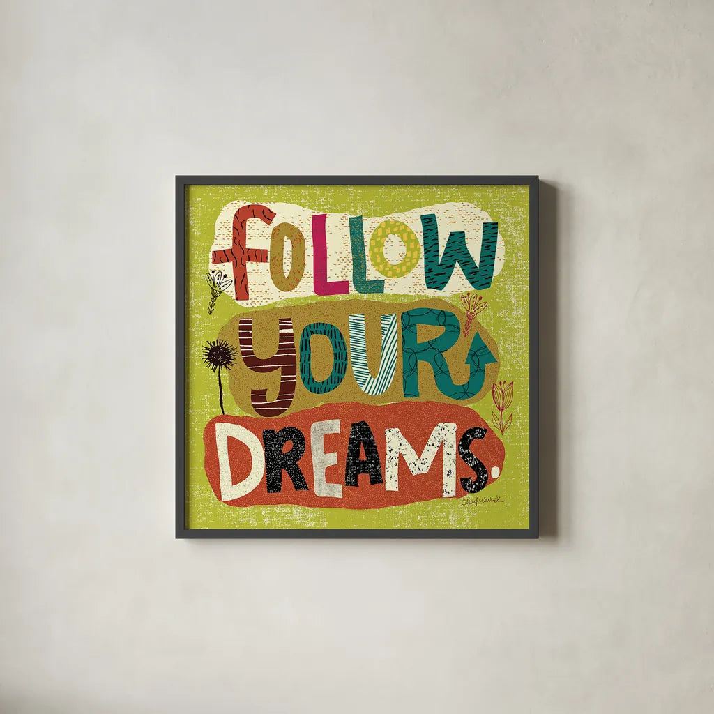 Happy Thoughts I by Cheryl Warrick. Shown in a sleek black glass frame for a contemporary gallery look. Available as an archival giclee rolled canvas, fine art paper, or poster print. SKU 14813a.