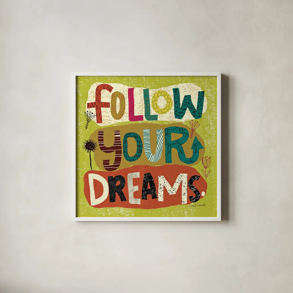 Happy Thoughts I by Cheryl Warrick. Shown in a crisp white glass frame for a clean and minimalist style. Available as an archival giclee rolled canvas, fine art paper, or poster print. SKU 14813a.