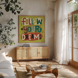 Happy Thoughts I by Cheryl Warrick. Shown in a natural wood frame in a cozy modern living room. Available as an archival giclee rolled canvas, fine art paper, or poster print. SKU 14813a.