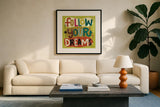 Happy Thoughts I by Cheryl Warrick. Displayed in a glass frame with matte in a clean modern living room. Available as an archival giclee rolled canvas, fine art paper, or poster print. SKU 14813a.