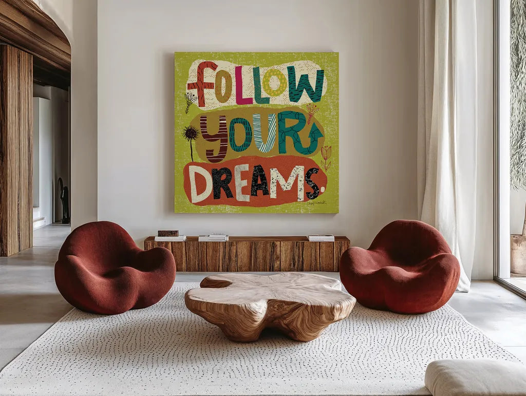 Happy Thoughts I by Cheryl Warrick. Shown as extra-large giant wall art in a modern living room. Available as an archival giclee rolled canvas, fine art paper, or poster print. SKU 14813a.