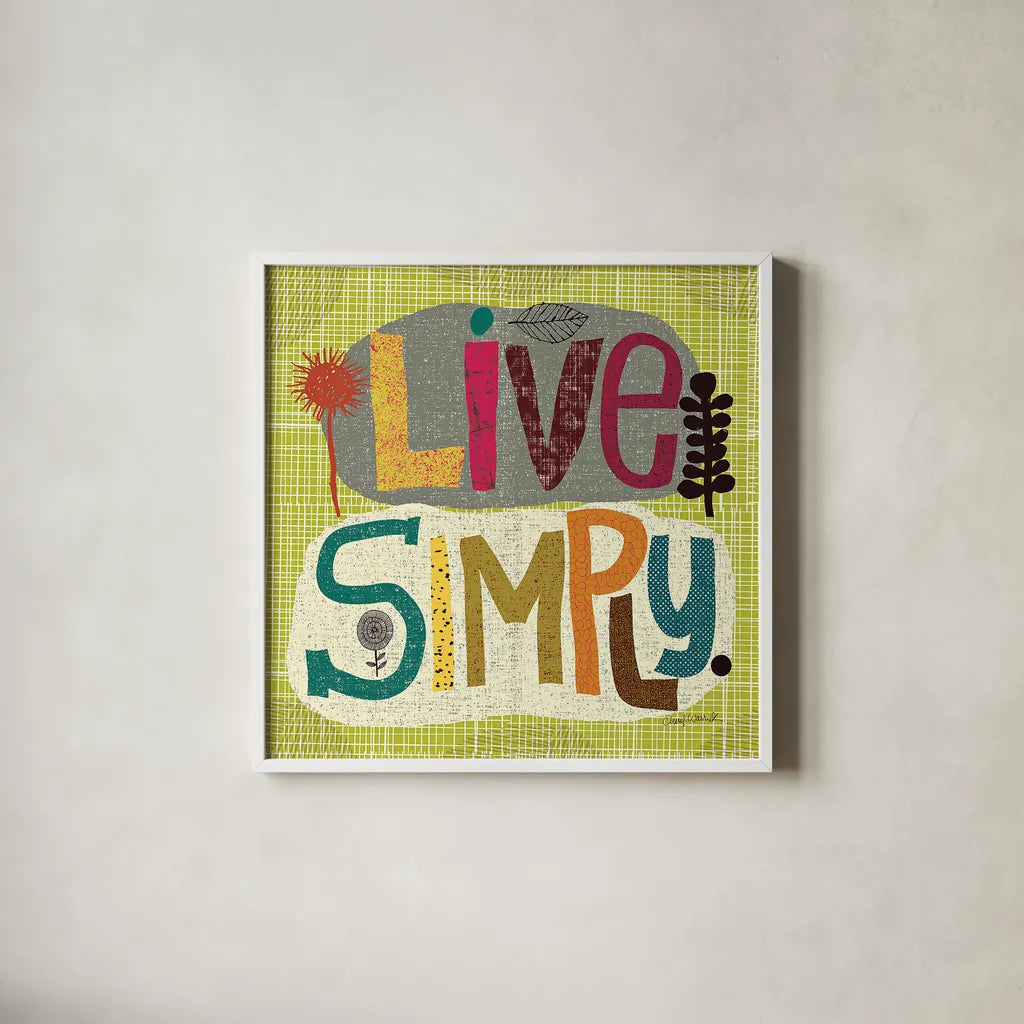 Happy Thoughts IV by Cheryl Warrick. Shown in a crisp white glass frame for a clean and minimalist style. Available as an archival giclee rolled canvas, fine art paper, or poster print. SKU 14816a.