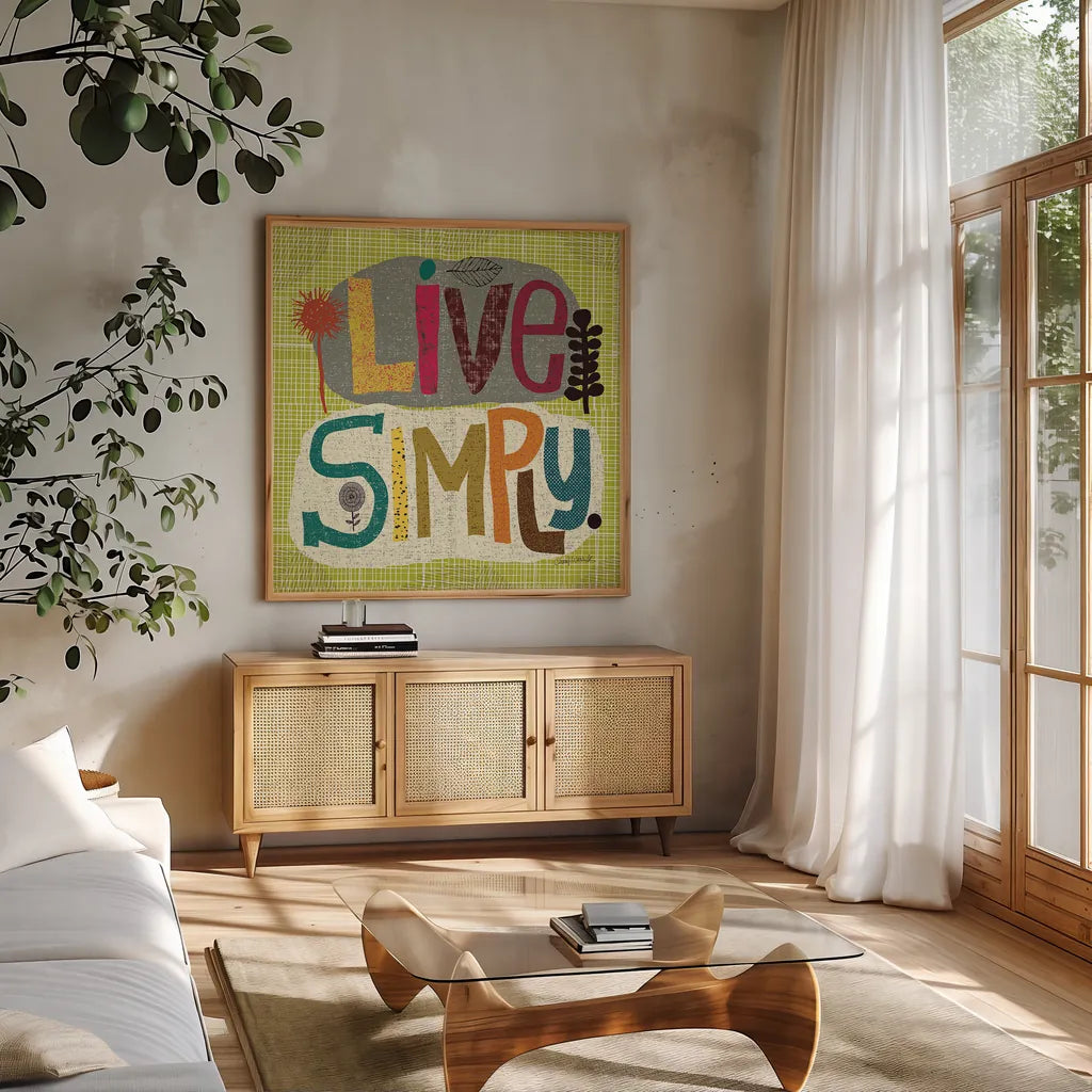 Happy Thoughts IV by Cheryl Warrick. Shown in a natural wood frame in a cozy modern living room. Available as an archival giclee rolled canvas, fine art paper, or poster print. SKU 14816a.