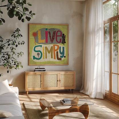 Happy Thoughts IV by Cheryl Warrick. Shown in a natural wood frame in a cozy modern living room. Available as an archival giclee rolled canvas, fine art paper, or poster print. SKU 14816a.