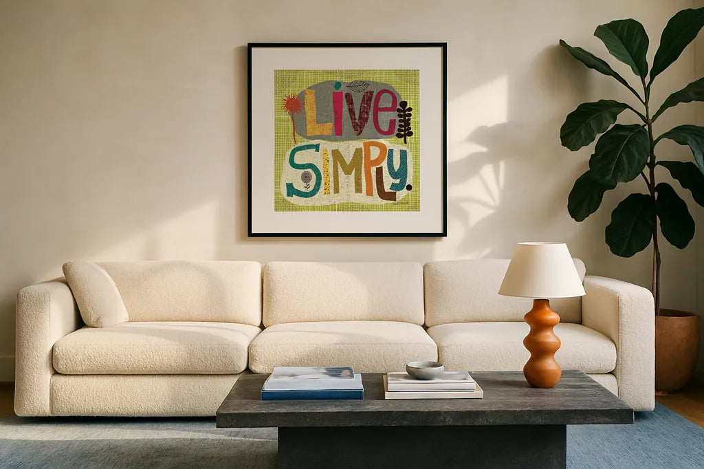Happy Thoughts IV by Cheryl Warrick. Displayed in a glass frame with matte in a clean modern living room. Available as an archival giclee rolled canvas, fine art paper, or poster print. SKU 14816a.