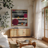 Harmony I by Cheryl Warrick. Shown in a natural wood frame in a cozy modern living room. Available as an archival giclee rolled canvas, fine art paper, or poster print. SKU 17014a.