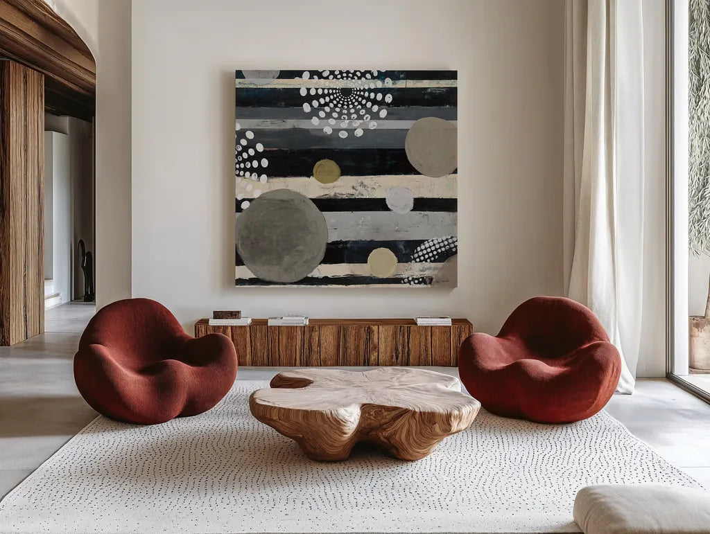Harmony I Archroma by Cheryl Warrick. Shown as extra-large giant wall art in a modern living room. Available as an archival giclee rolled canvas, fine art paper, or poster print. SKU 30078a.