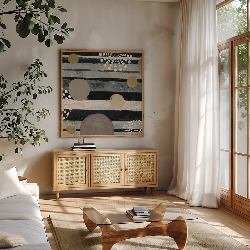 Harmony II Archroma by Cheryl Warrick. Shown in a natural wood frame in a cozy modern living room. Available as an archival giclee rolled canvas, fine art paper, or poster print. SKU 30079a.