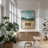 Here I Crop by Cheryl Warrick. shown as a print in a natural wood frame in a dining room. Available as a archival giclee rolled canvas, fine art paper, or poster print. SKU 24512h.