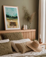 Here I Crop by Cheryl Warrick. shown as a paper print in a natural frame. Available as a archival giclee rolled canvas, fine art paper, or poster print. SKU 24512h.