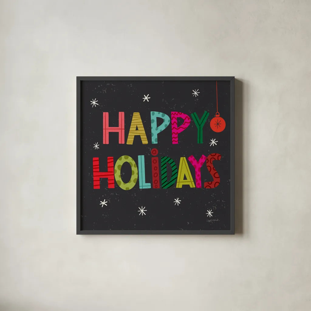 Holiday Wishes I by Cheryl Warrick. Shown in a sleek black glass frame for a contemporary gallery look. Available as an archival giclee rolled canvas, fine art paper, or poster print. SKU 97611a.