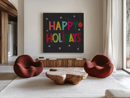 Holiday Wishes I by Cheryl Warrick. Shown as extra-large giant wall art in a modern living room. Available as an archival giclee rolled canvas, fine art paper, or poster print. SKU 97611a.