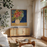 Hopeful Blooms I by Cheryl Warrick. Shown in a natural wood frame in a cozy modern living room. Available as an archival giclee rolled canvas, fine art paper, or poster print. SKU 103253a.