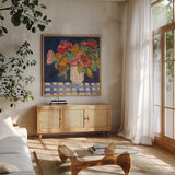Hopeful Blooms II by Cheryl Warrick. Shown in a natural wood frame in a cozy modern living room. Available as an archival giclee rolled canvas, fine art paper, or poster print. SKU 103254a.