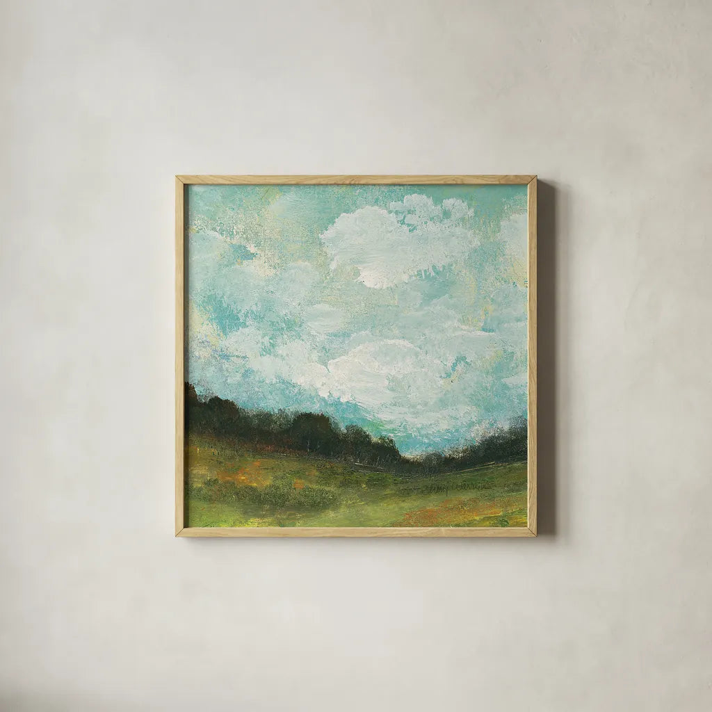 In the Field Square II by Cheryl Warrick. Shown in a natural wood glass frame for a timeless modern aesthetic. Available as an archival giclee rolled canvas, fine art paper, or poster print. SKU 37754a.