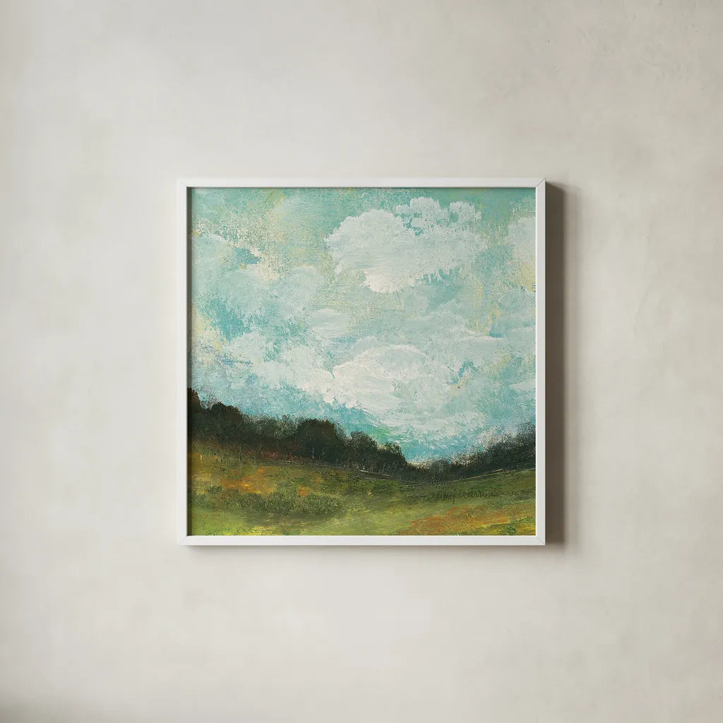 In the Field Square II by Cheryl Warrick. Shown in a crisp white glass frame for a clean and minimalist style. Available as an archival giclee rolled canvas, fine art paper, or poster print. SKU 37754a.