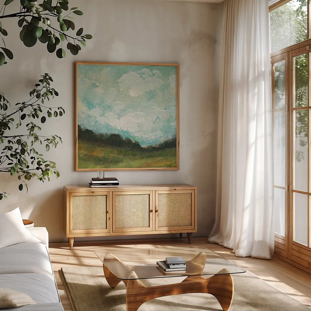 In the Field Square II by Cheryl Warrick. Shown in a natural wood frame in a cozy modern living room. Available as an archival giclee rolled canvas, fine art paper, or poster print. SKU 37754a.