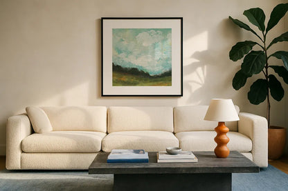 In the Field Square II by Cheryl Warrick. Displayed in a glass frame with matte in a clean modern living room. Available as an archival giclee rolled canvas, fine art paper, or poster print. SKU 37754a.