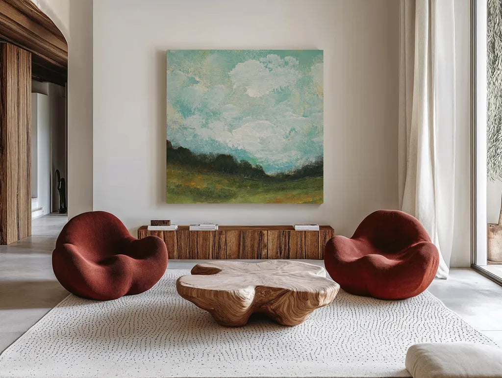 In the Field Square II by Cheryl Warrick. Shown as extra-large giant wall art in a modern living room. Available as an archival giclee rolled canvas, fine art paper, or poster print. SKU 37754a.