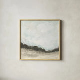 In the Field Square II Neutral by Cheryl Warrick. Shown in a natural wood glass frame for a timeless modern aesthetic. Available as an archival giclee rolled canvas, fine art paper, or poster print. SKU 60611a.
