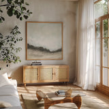 In the Field Square II Neutral by Cheryl Warrick. Shown in a natural wood frame in a cozy modern living room. Available as an archival giclee rolled canvas, fine art paper, or poster print. SKU 60611a.