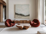 In the Field Square II Neutral by Cheryl Warrick. Shown as extra-large giant wall art in a modern living room. Available as an archival giclee rolled canvas, fine art paper, or poster print. SKU 60611a.
