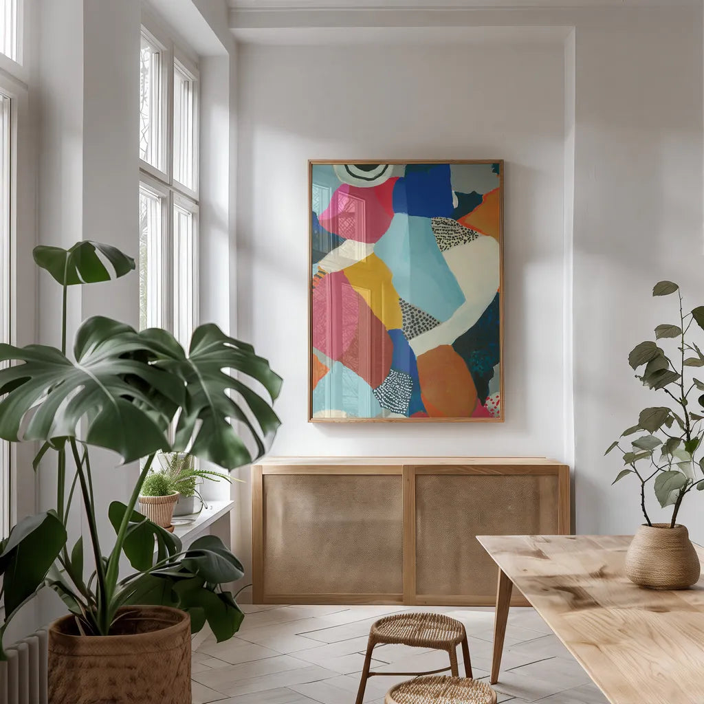 Inclination Crop by Cheryl Warrick. shown as a print in a natural wood frame in a dining room. Available as a archival giclee rolled canvas, fine art paper, or poster print. SKU 79893h.