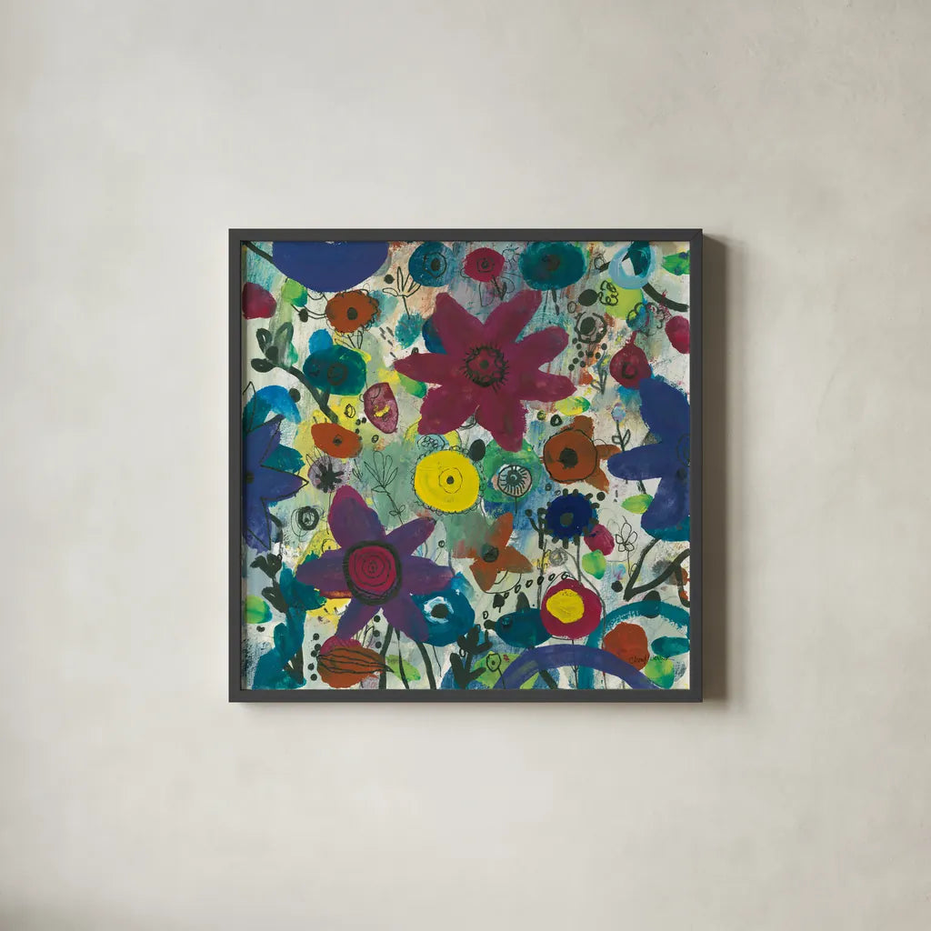 Jewel Garden I by Cheryl Warrick. Shown in a sleek black glass frame for a contemporary gallery look. Available as an archival giclee rolled canvas, fine art paper, or poster print. SKU 37827a.