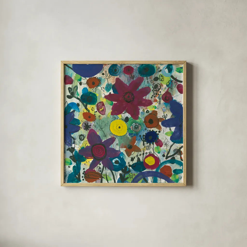 Jewel Garden I by Cheryl Warrick. Shown in a natural wood glass frame for a timeless modern aesthetic. Available as an archival giclee rolled canvas, fine art paper, or poster print. SKU 37827a.
